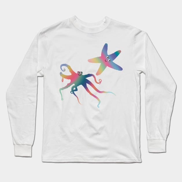 Happy Little Sea Creatures, Rainbow Colors, Octopus and Starfish Duo, Digital Illustration Long Sleeve T-Shirt by cherdoodles